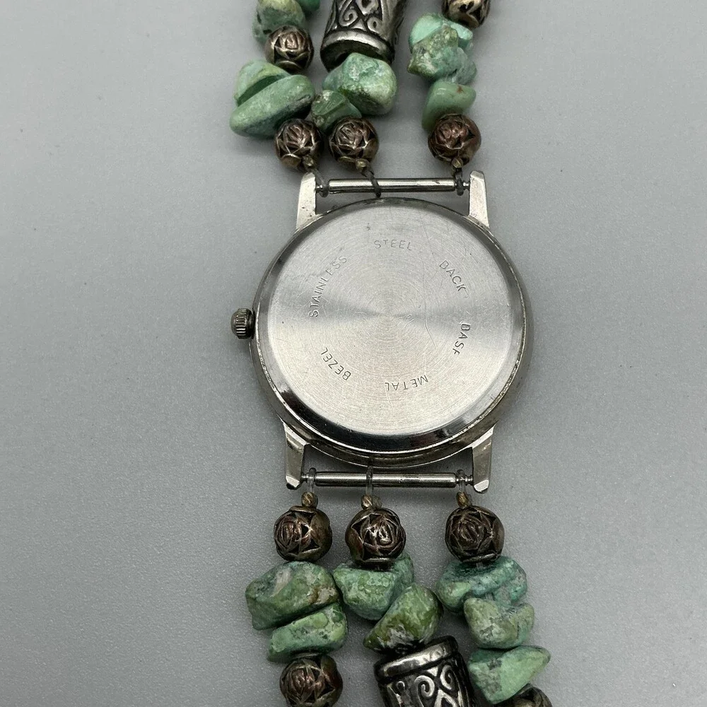 Galaxy Womens Watch 32mm Silver Tone Green Stone Beaded New Battery 7.25